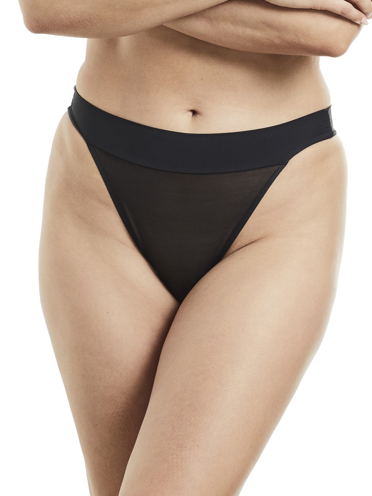 a woman wearing a black sheer tanga panty