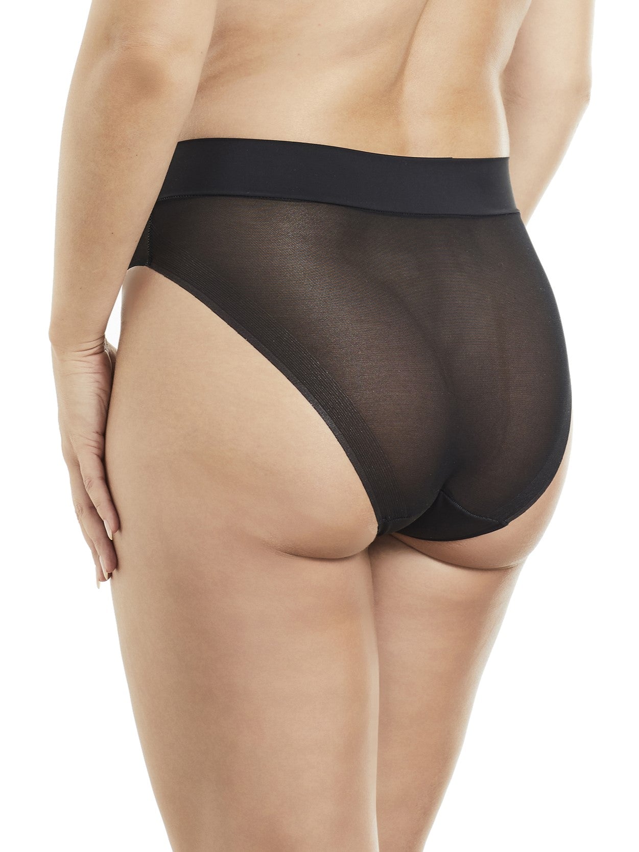 a woman wearing a black sheer high cut brief panty