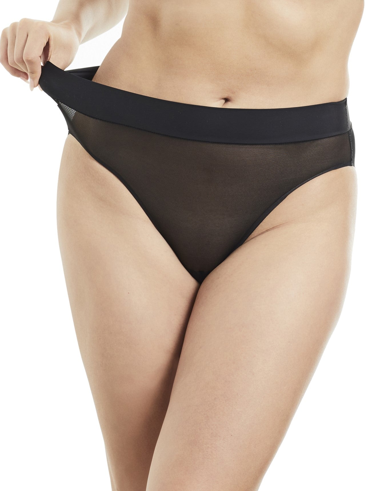 a woman wearing a black sheer high cut brief panty