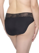a woman wearing a black lace hipster panty