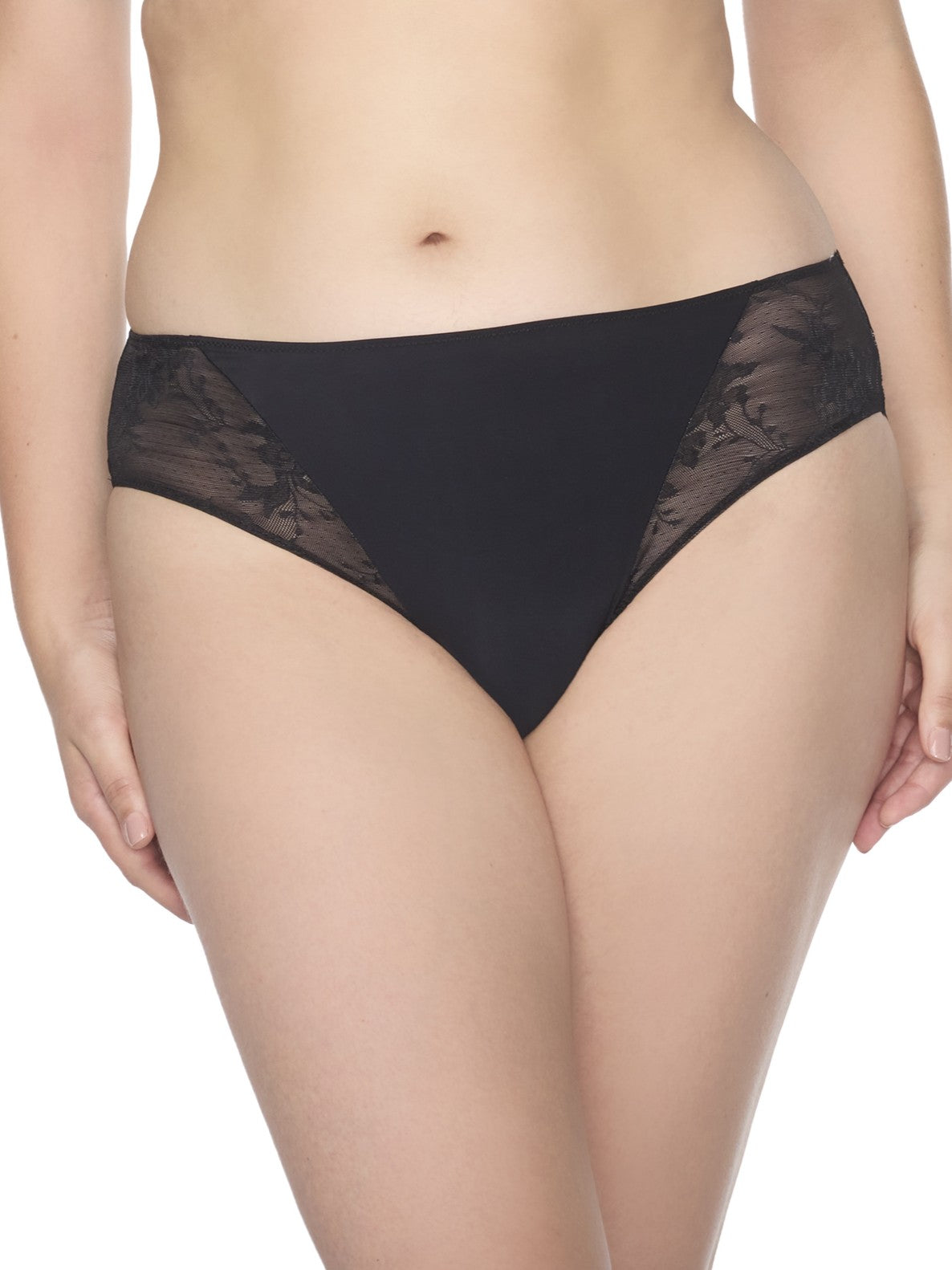 a woman wearing a black lace hipster panty
