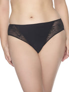 a woman wearing a black lace hipster panty