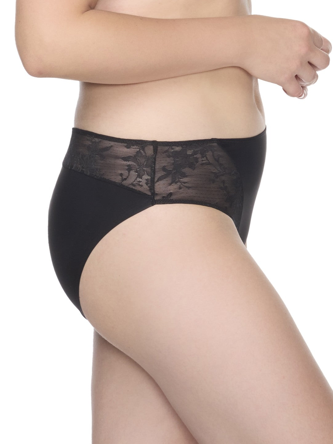 a woman wearing a black lace hipster panty