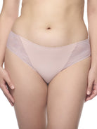 a woman wearing a pink lace hipster panty