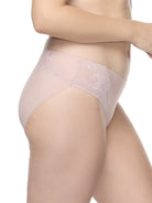 a woman wearing a pink lace hipster panty