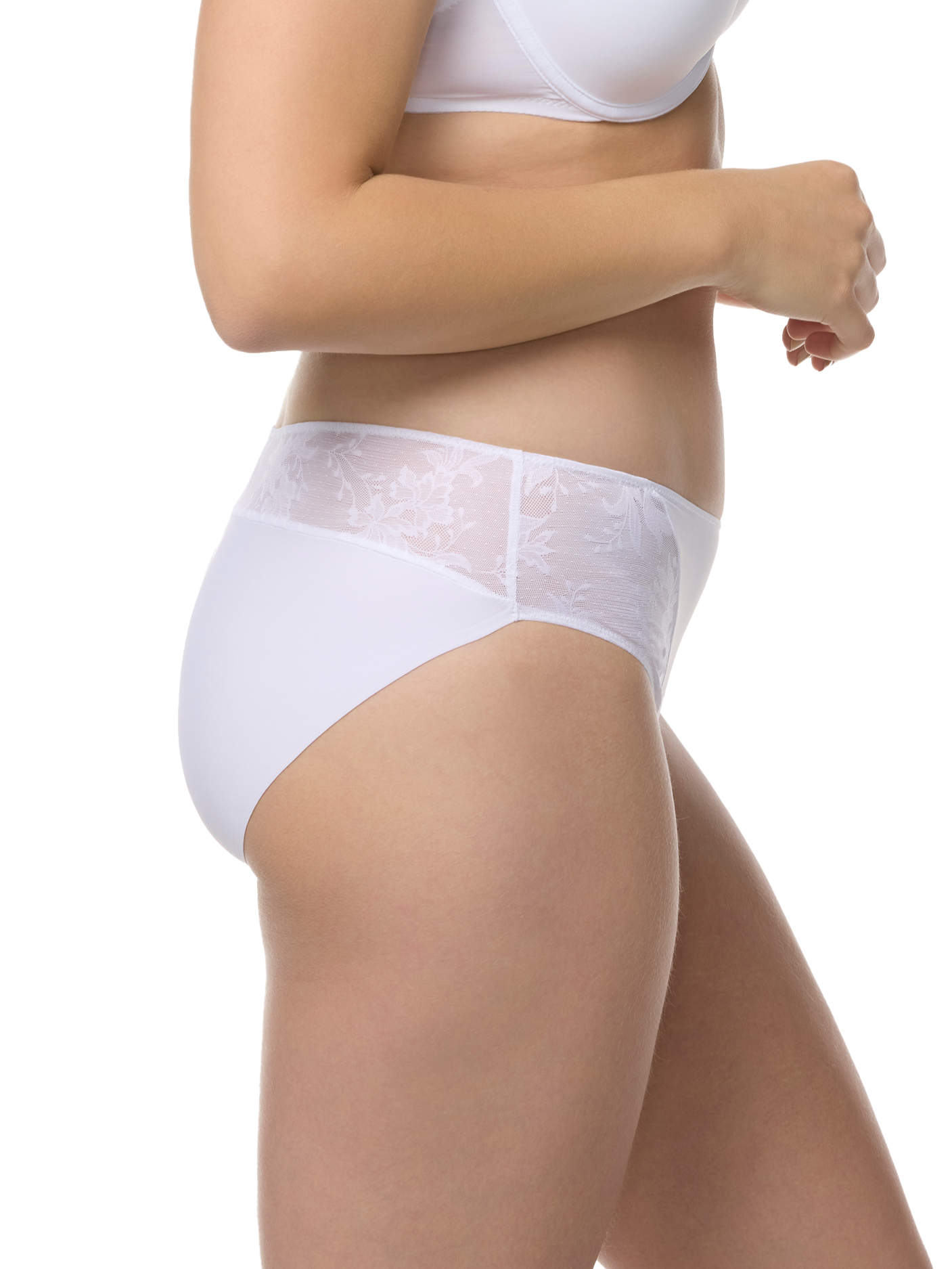a woman wearing a white lace hipster panty