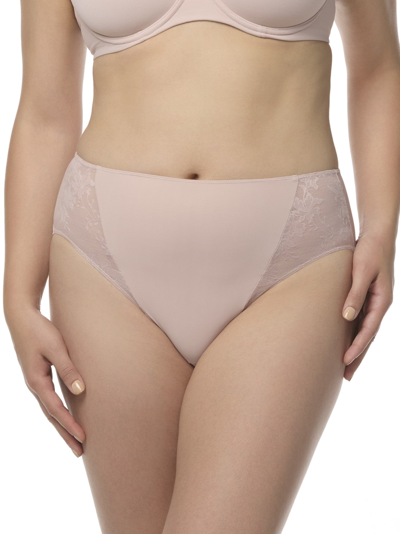 a woman wearing a light pink lace brief panty