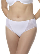 a woman wearing a white lace brief panty