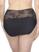 a woman wearing a black lace brief panty