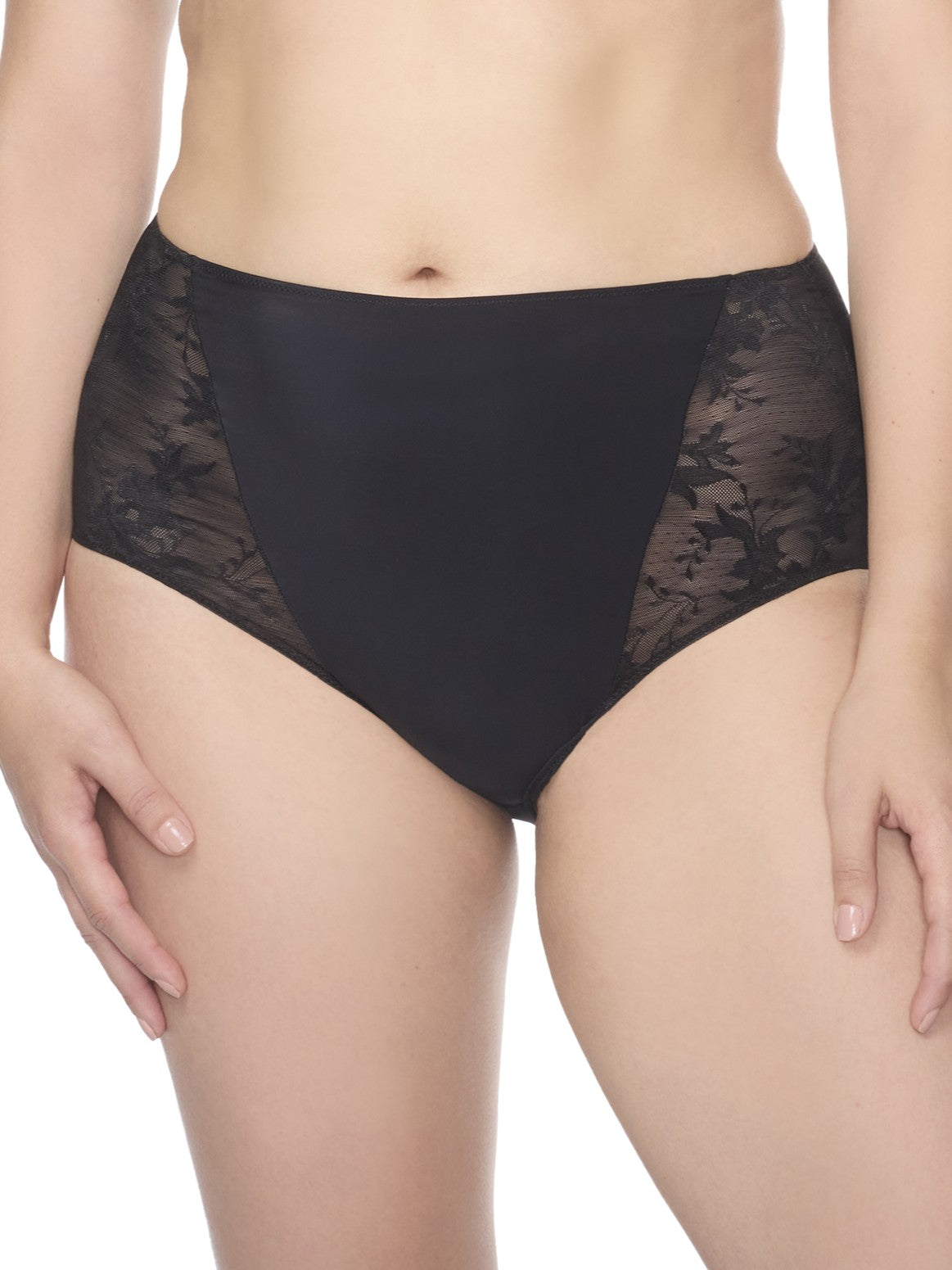 a woman wearing a black lace brief panty