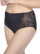 a woman wearing a black lace brief panty