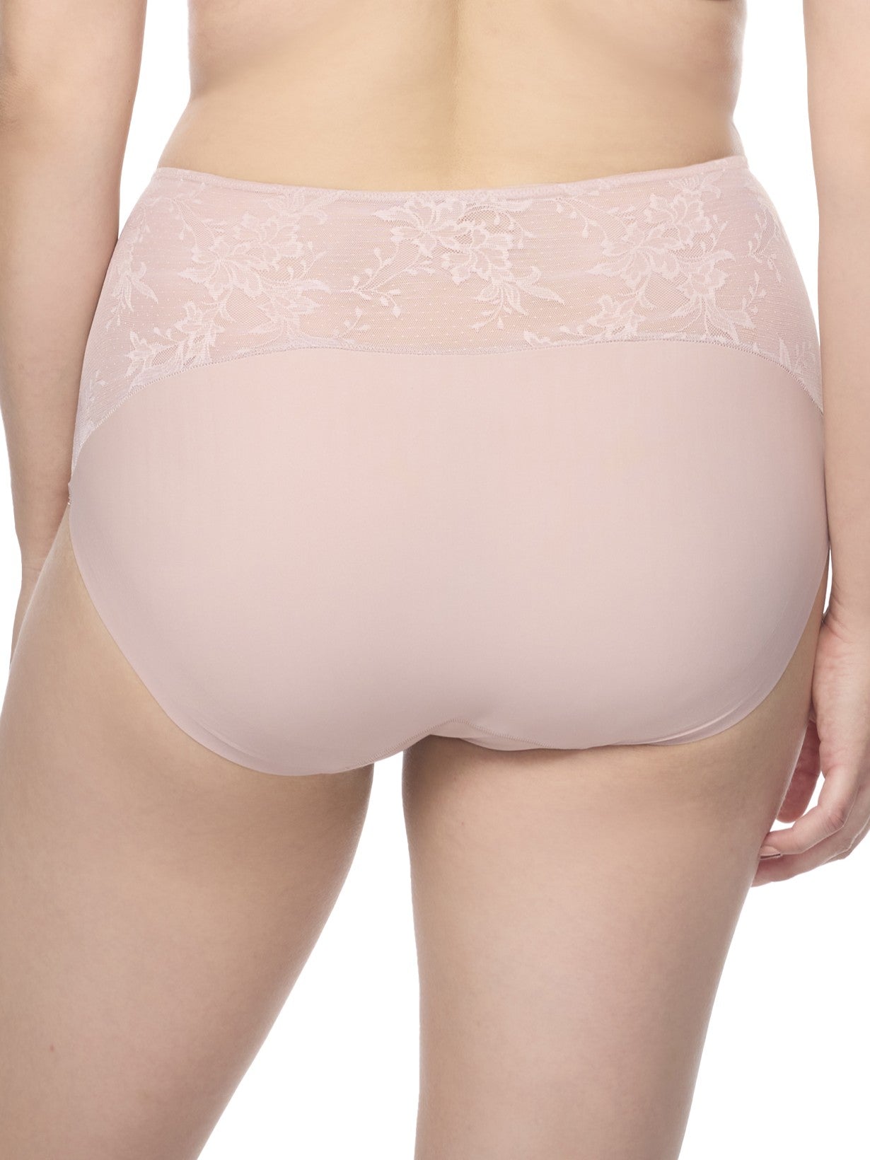 a woman wearing a pink lace brief panty