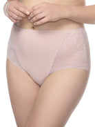 a woman wearing a pink lace brief panty