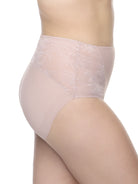 a woman wearing a pink lace brief panty