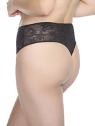 a woman wearing a black lace thong panty