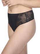 a woman wearing a black lace thong panty