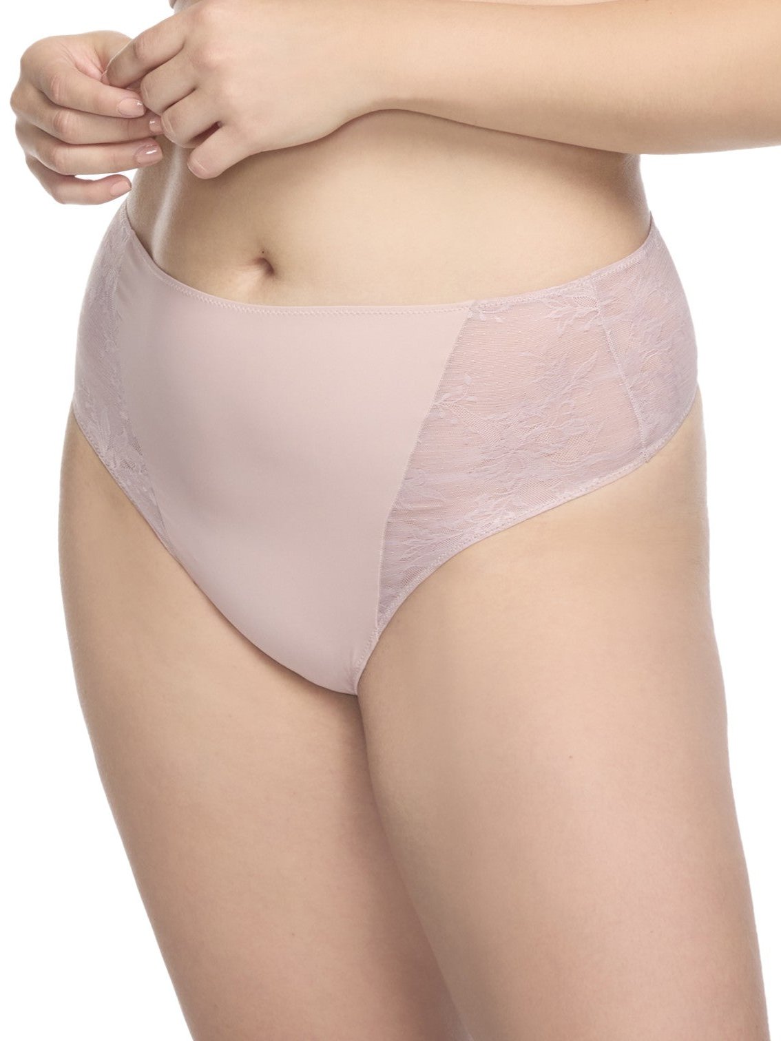 a woman wearing a pink lace thong panty
