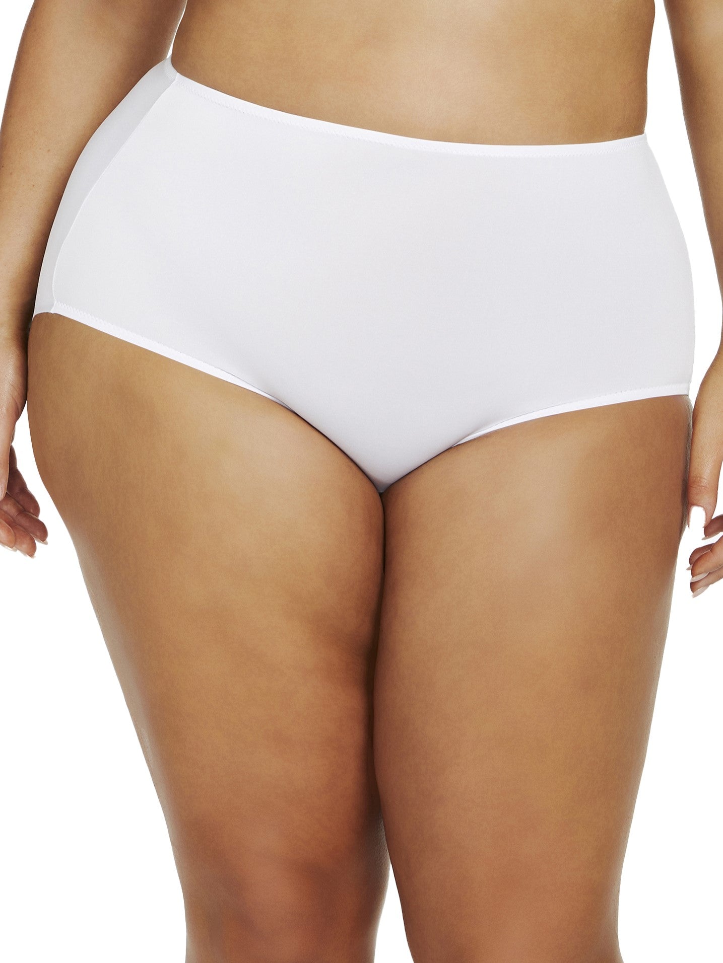 a woman wearing a white plus size high cut brief panty