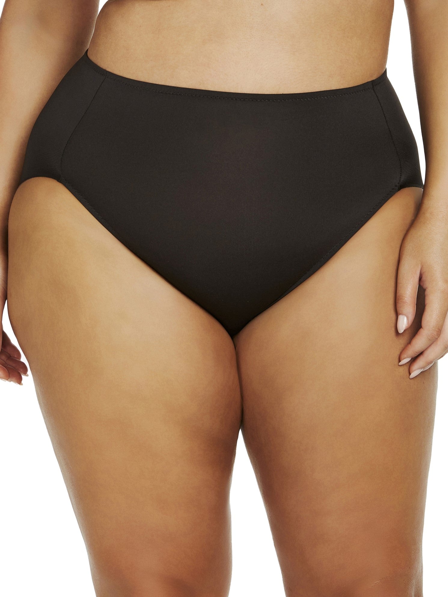 a woman wearing a black plus size high cut brief panty