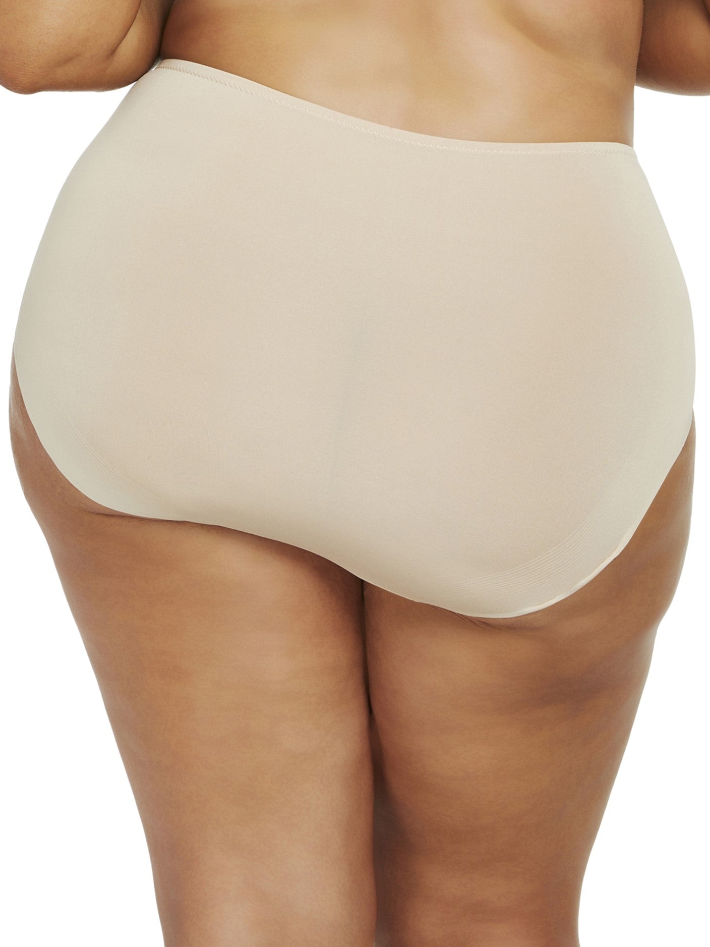 a woman wearing a nude plus size high cut brief panty