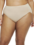 a woman wearing a nude plus size high cut brief panty