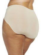 a woman wearing a nude plus size high cut brief panty