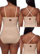 a display showing the different back strap options for a beige strapless shapewear bodysuit total body shaper