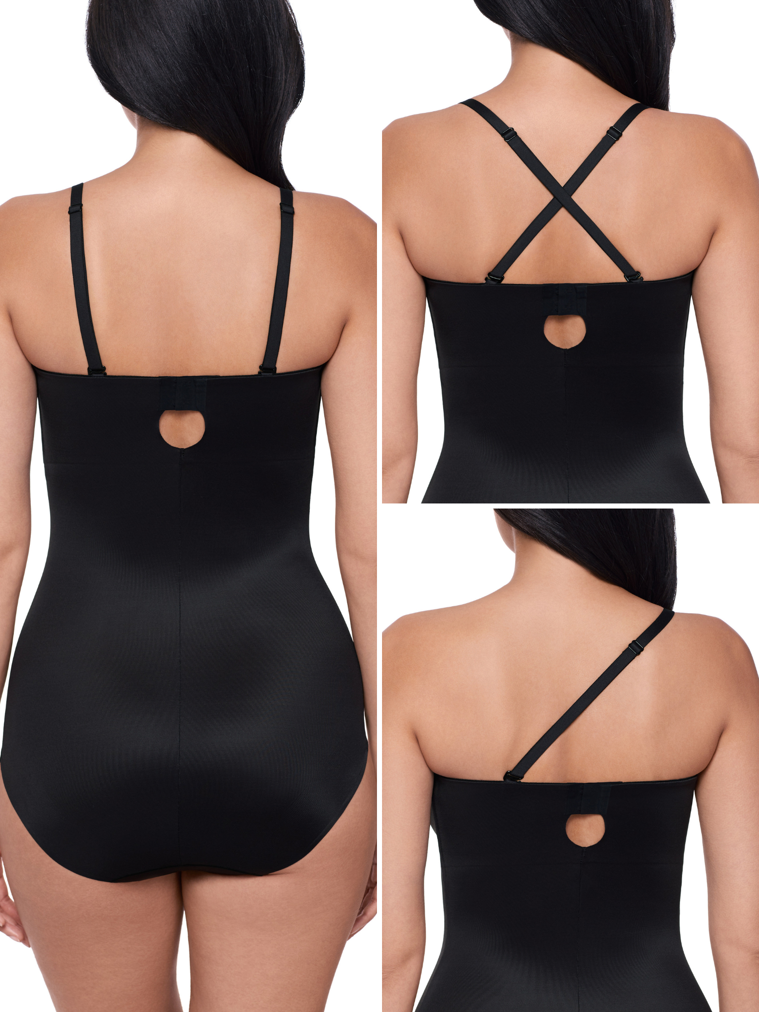 a display showing the different back strap options for a black strapless shapewear bodysuit total body shaper