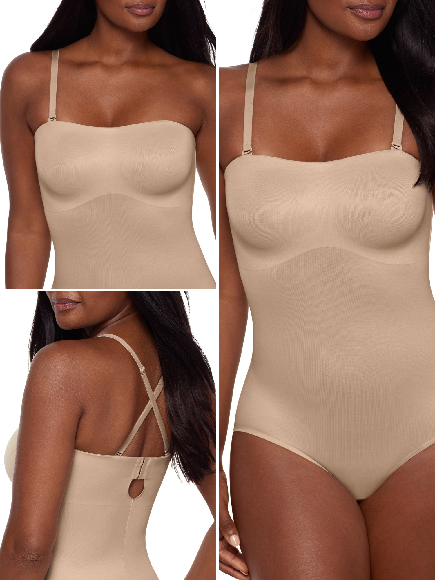 a display showing the different front strap options for a beige strapless shapewear bodysuit total body shaper