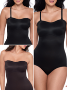 a display showing the different front strap options for a black strapless shapewear bodysuit total body shaper