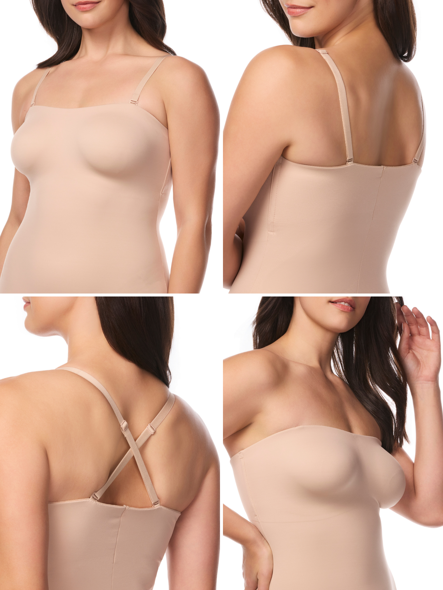 an infographic showing the different strap options for the beige shaping slip
