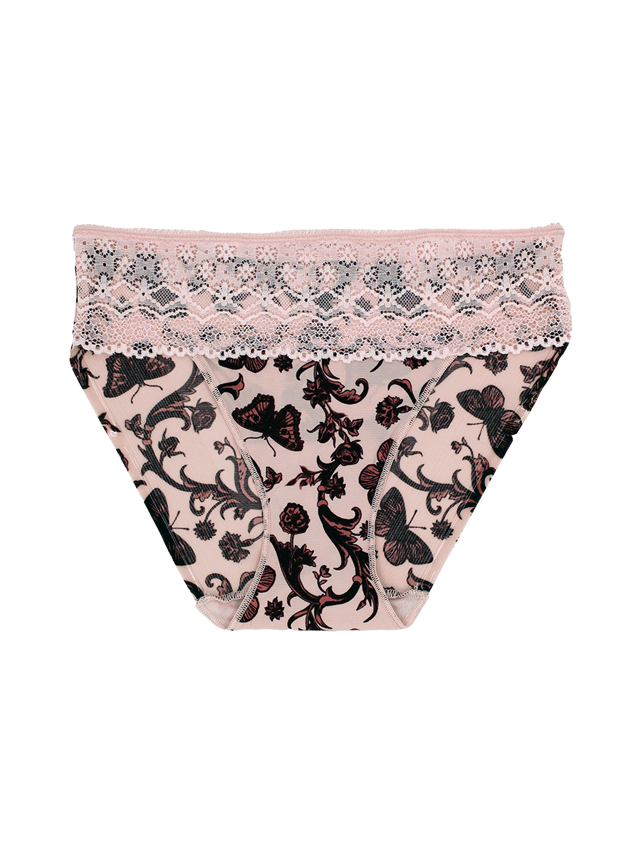 a women's butterfly and floral print hipster panty with light pink lace trim at the waist 