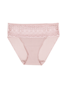 a women's light pink hipster panty with lace trim at the waist