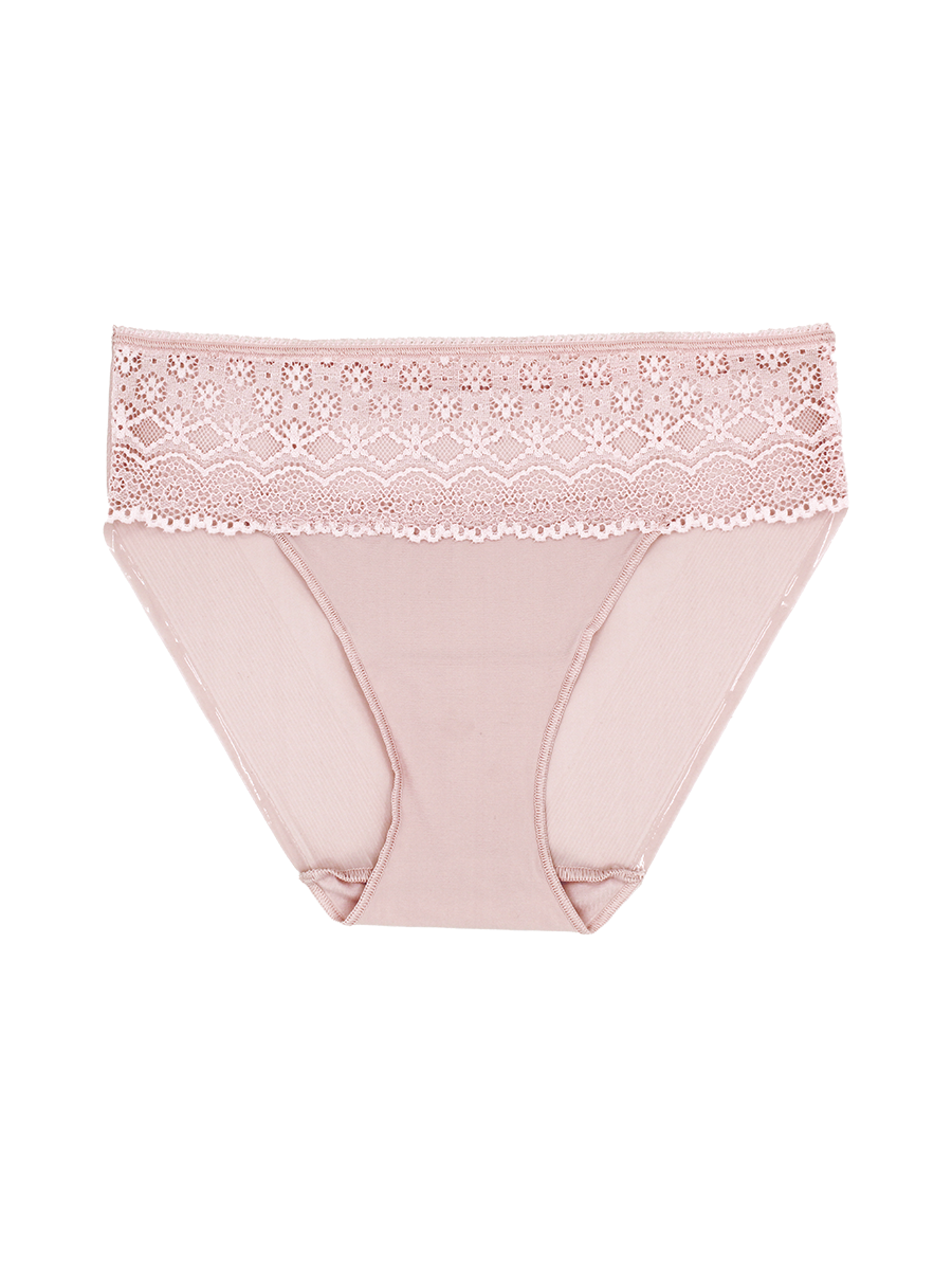 a women's light pink hipster panty with lace trim at the waist