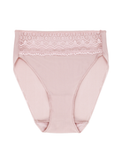 a women's light pink high-cut brief panty with lace trim at the waist