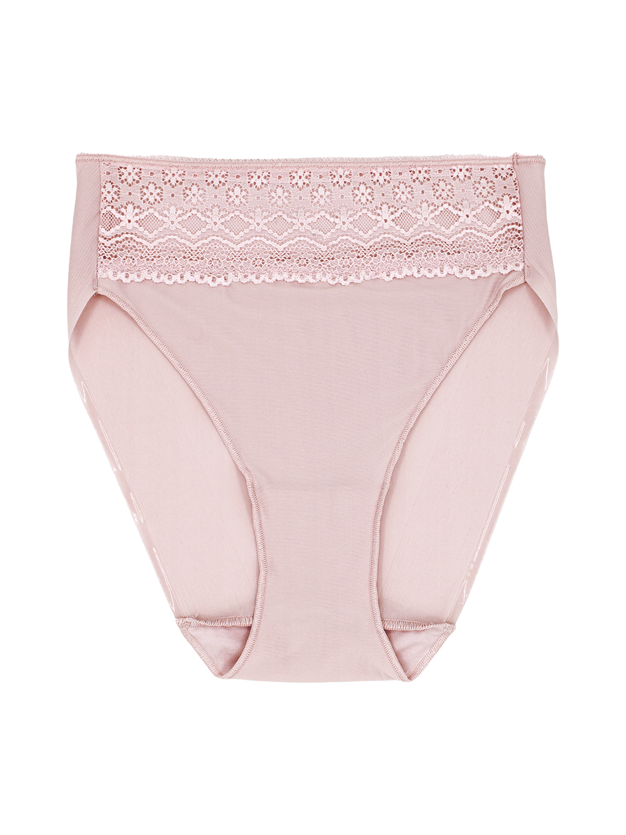 a women's light pink high-cut brief panty with lace trim at the waist