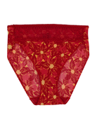 a lace trim high cut french cut panty with a red waist and a red and yellow poinsettia print women's underwear
