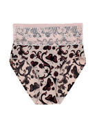 a women's butterfly and floral print brief panty with light pink lace trim at the waist 