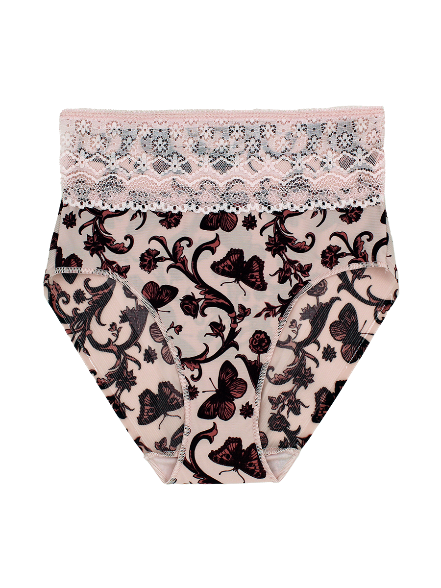 a women's butterfly and floral print brief panty with light pink lace trim at the waist 