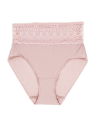 a women's light pink brief panty with lace trim at the waist