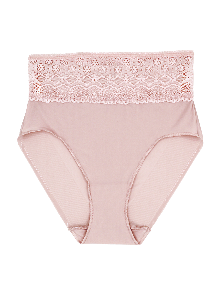 a women's light pink brief panty with lace trim at the waist