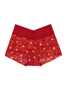 a lace trim boyshort panty with a red lace waistband and a red and yellow poinsettia christmas print women's underwear