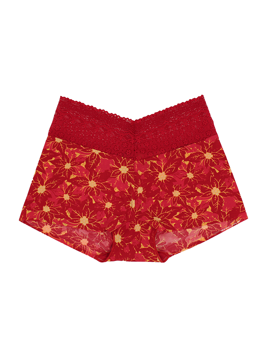 a lace trim boyshort panty with a red lace waistband and a red and yellow poinsettia christmas print women's underwear