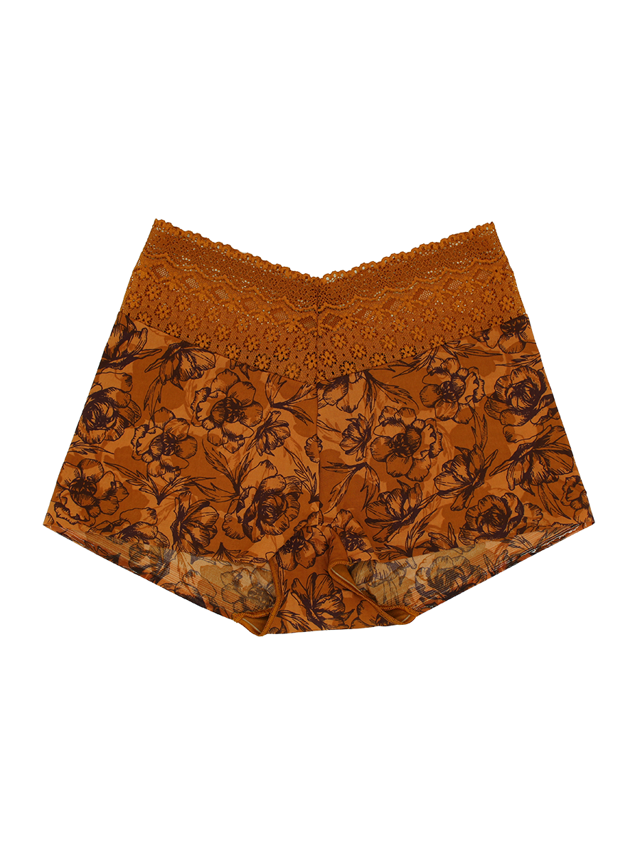 a lace trim boyshort panty with a brown waistband and a brown floral print women's underwear