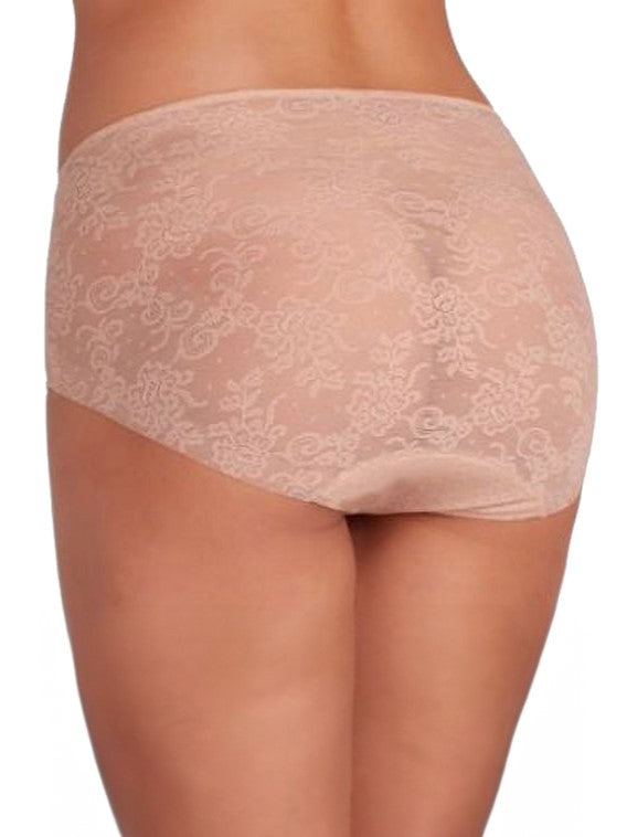 a woman wearing a beige lace brief panty