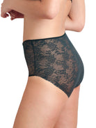 a woman wearing a teal lace brief panty