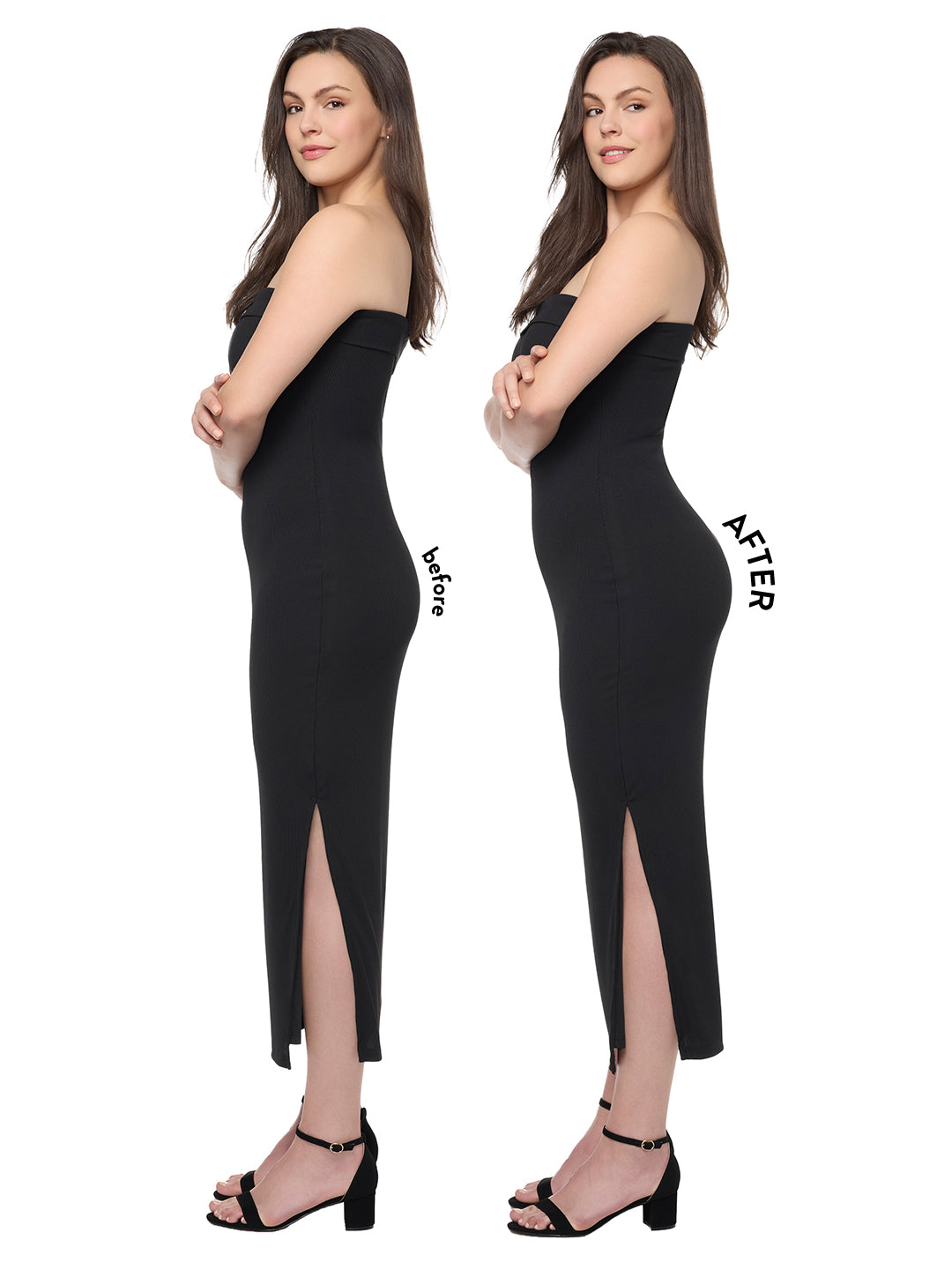 Woman wearing a black dress with a front slit, shown from two angles on a white background all-groups